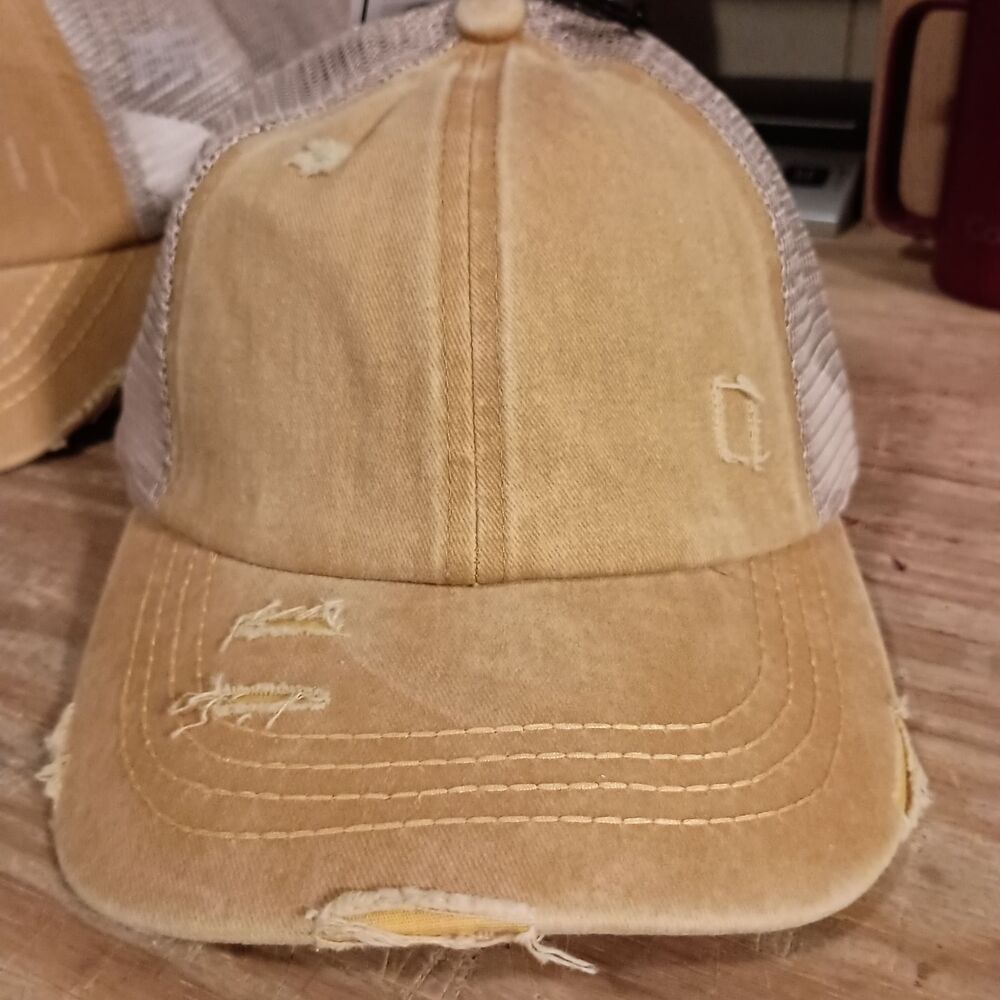 Distressed Denim Criss Cross High Pony CC Ball Cap MUSTARD, Ponytail Hat